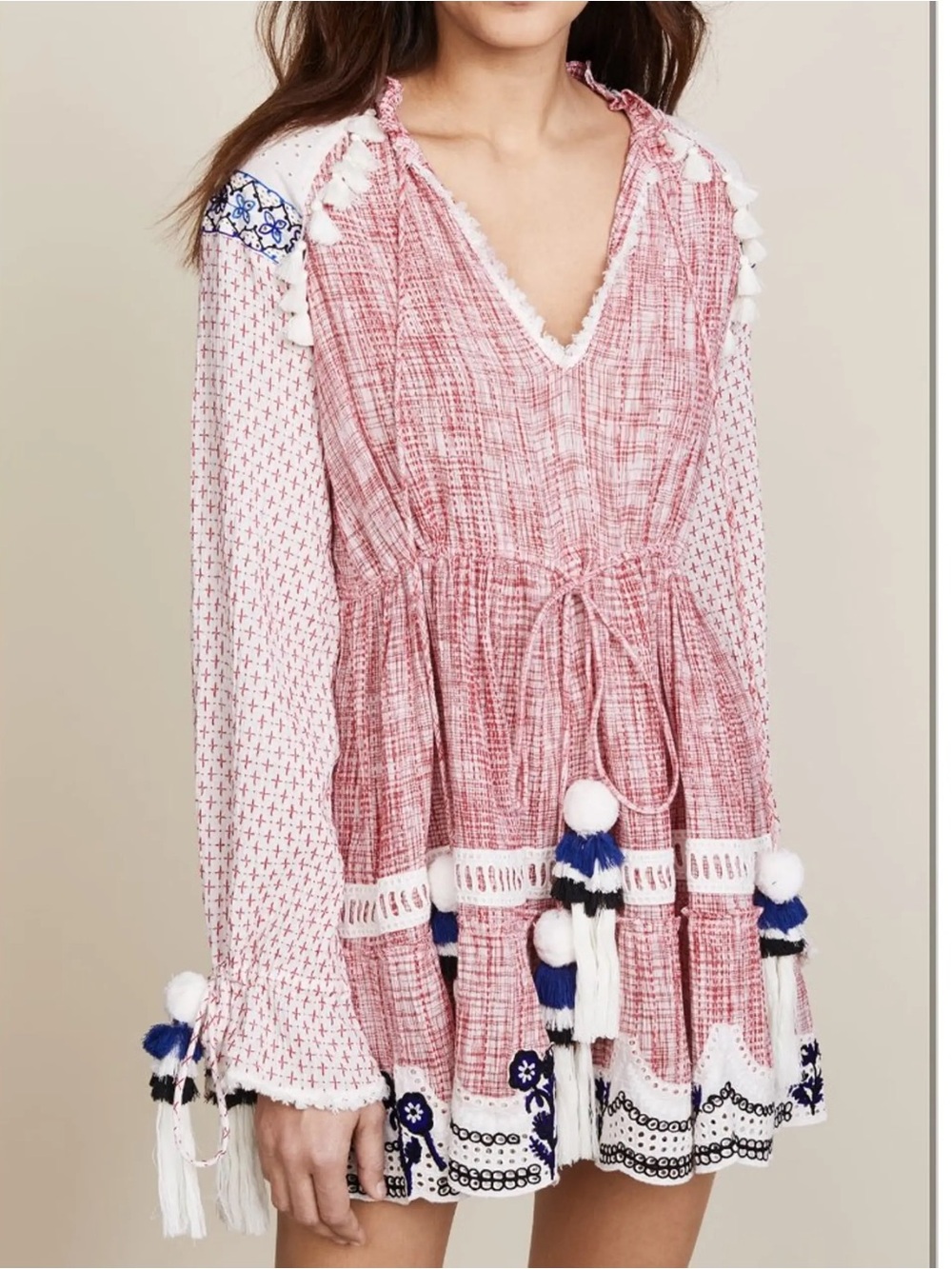 Hemant & Nandita Boho red Embroidered Tassel Mini Dress sz S